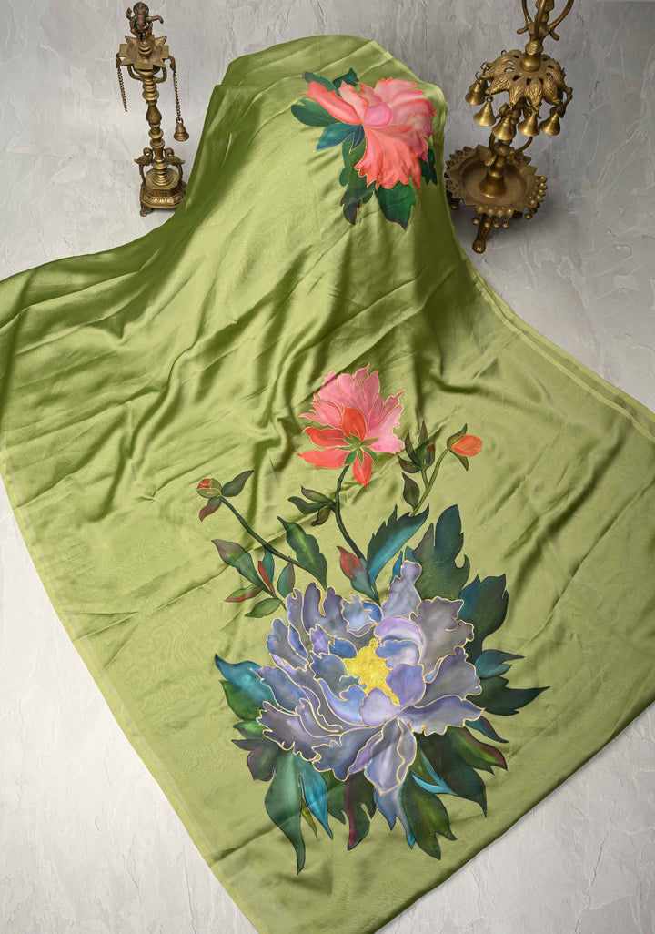 Light Olive Green Chiffon Saree with Florals Hand painted , No Blouse Piece