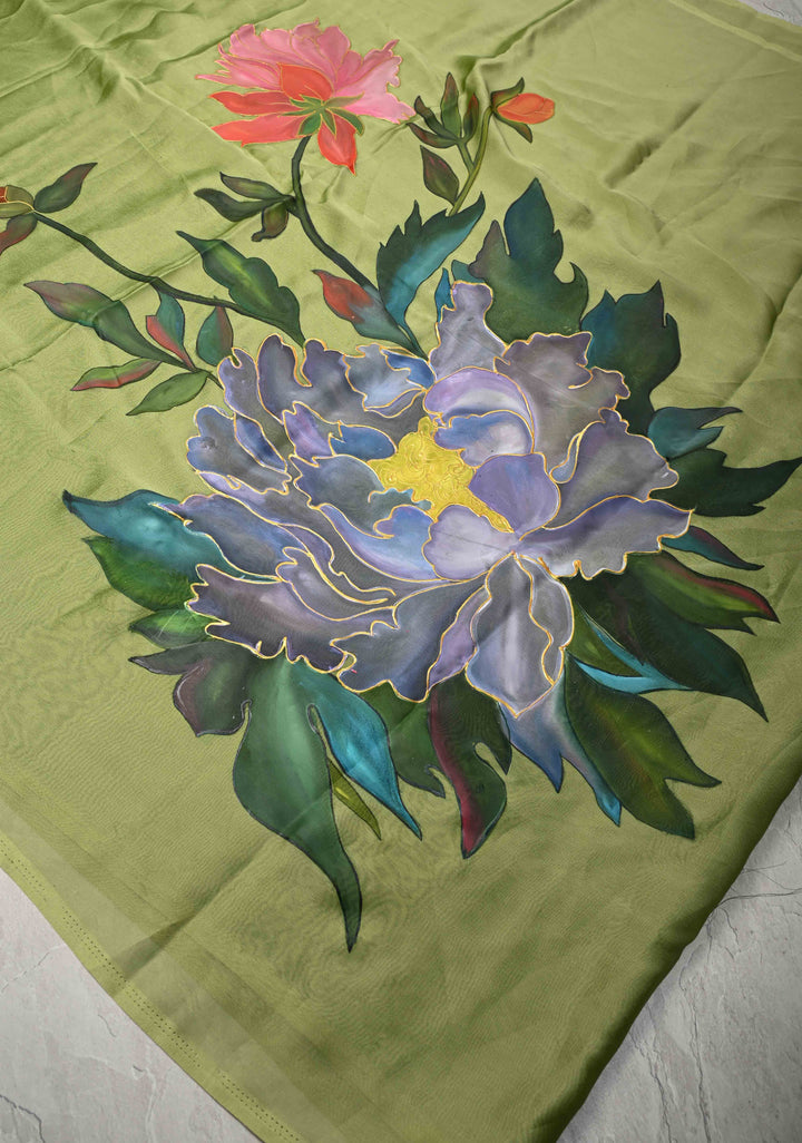 Light Olive Green Chiffon Saree with Florals Hand painted , No Blouse Piece