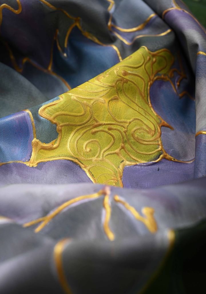 Light Olive Green Chiffon Saree with Florals Hand painted , No Blouse Piece