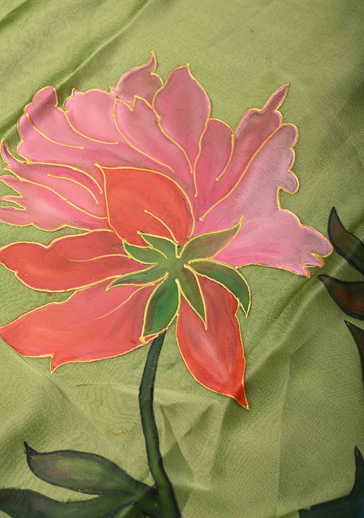 Light Olive Green Chiffon Saree with Florals Hand painted , No Blouse Piece