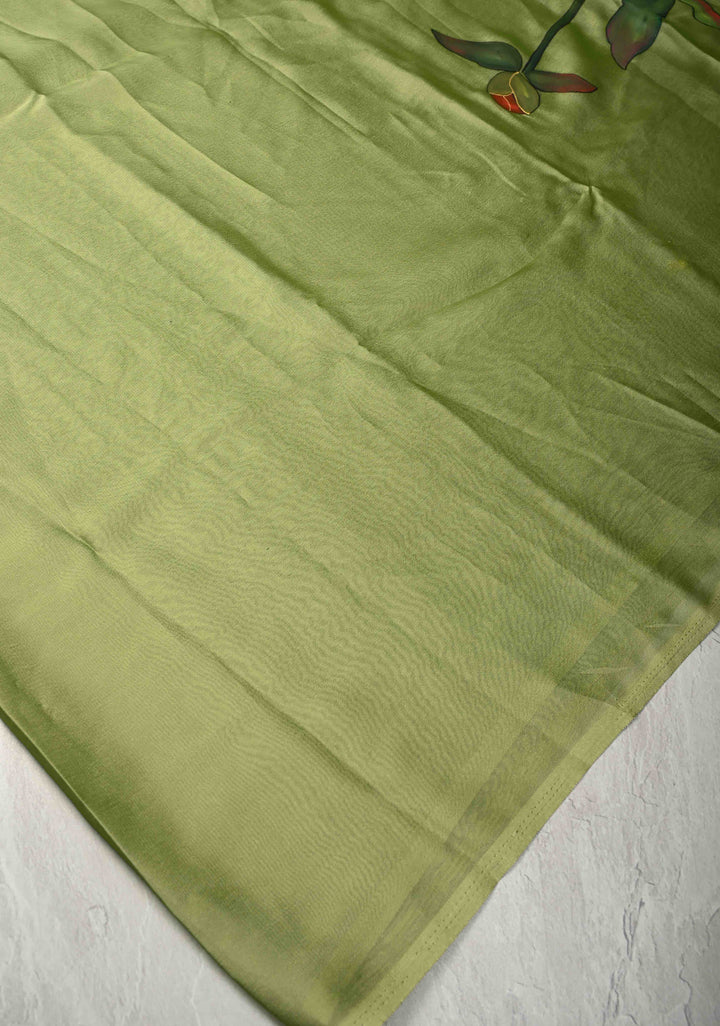 Light Olive Green Chiffon Saree with Florals Hand painted , No Blouse Piece