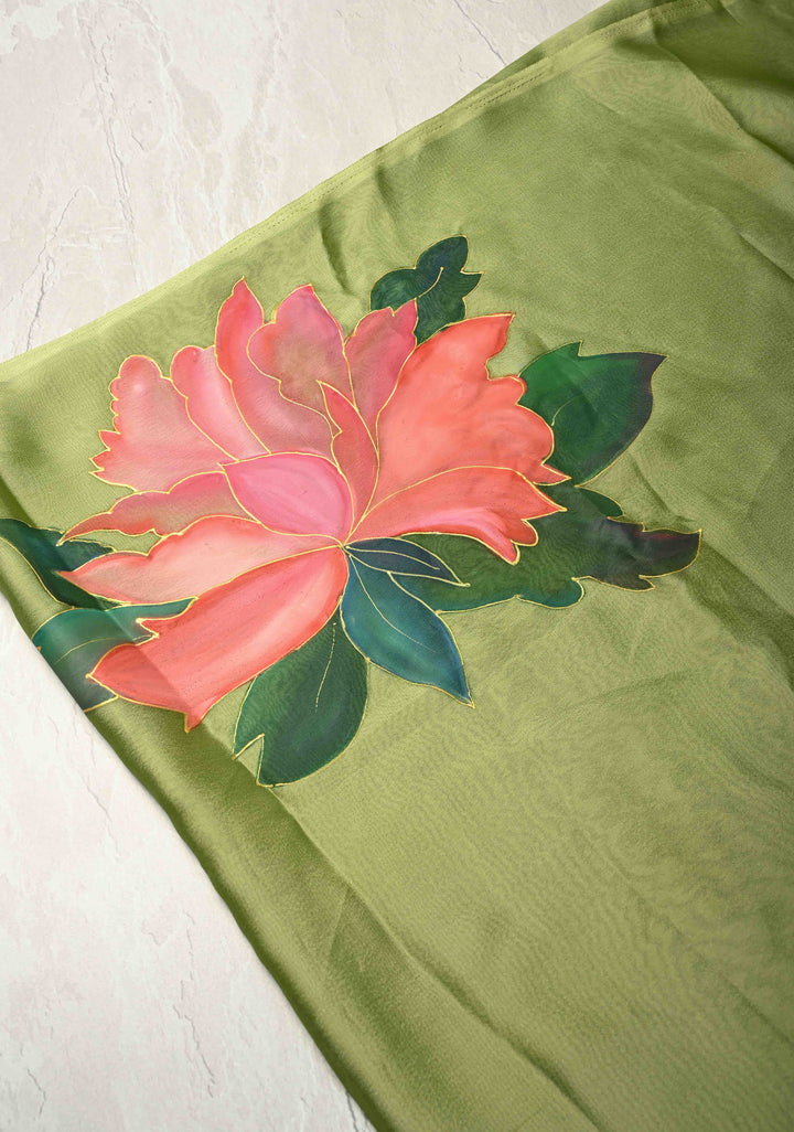 Light Olive Green Chiffon Saree with Florals Hand painted , No Blouse Piece