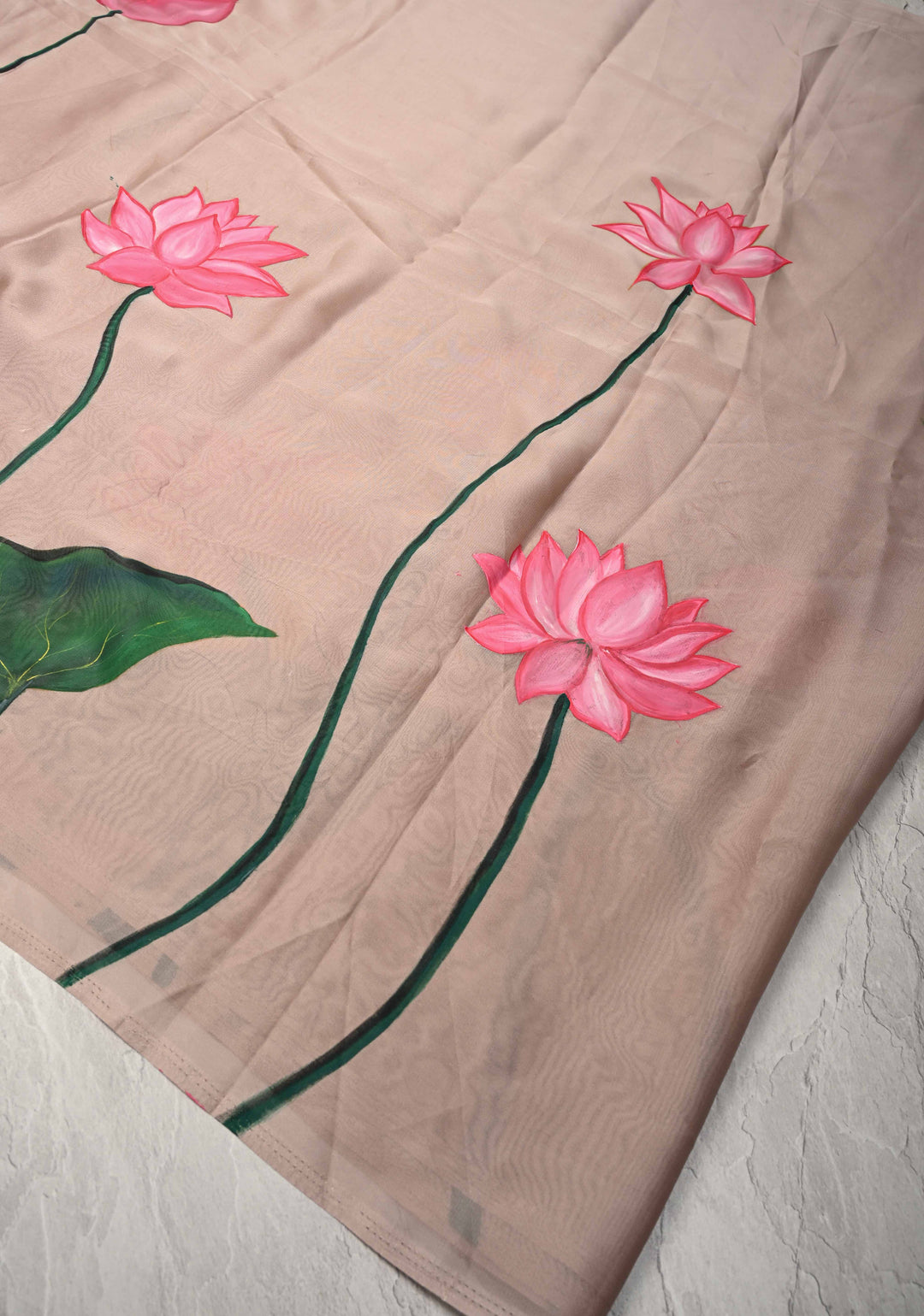 Light Mauve Chiffon Saree with Lotus Hand painted , No Blouse Piece