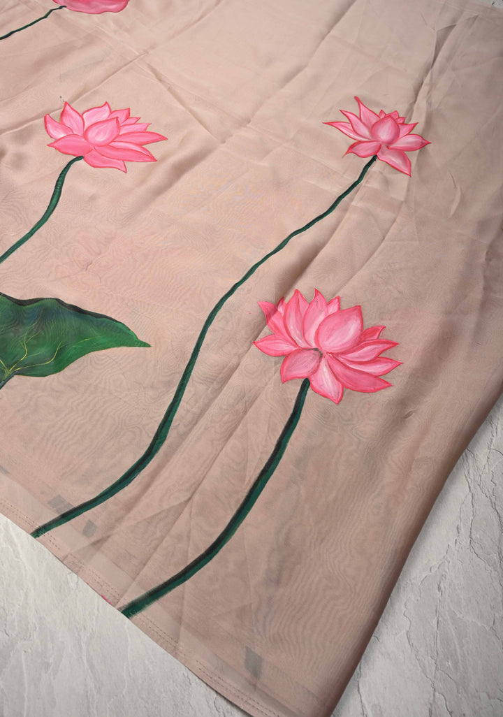 Light Mauve Chiffon Saree with Lotus Hand painted , No Blouse Piece