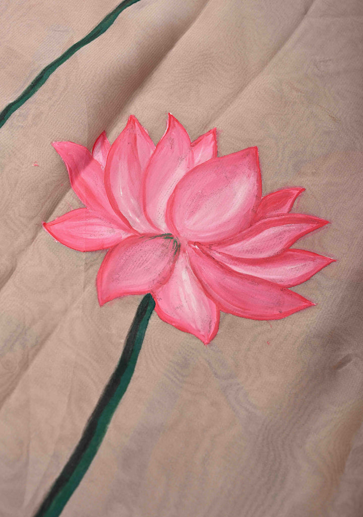 Light Mauve Chiffon Saree with Lotus Hand painted , No Blouse Piece