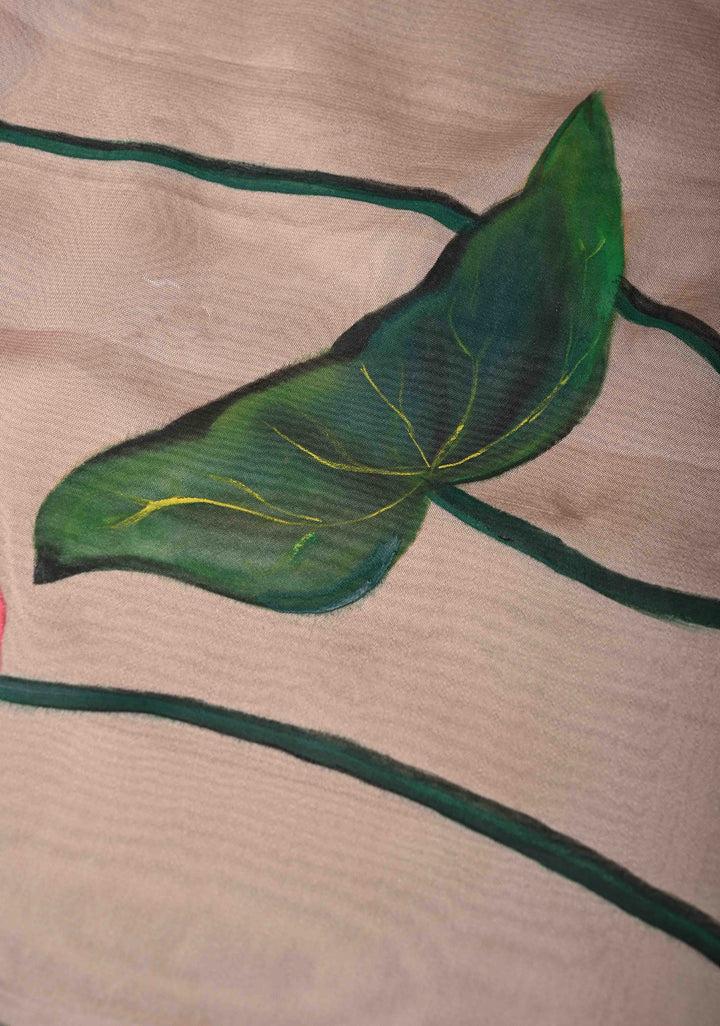 Light Mauve Chiffon Saree with Lotus Hand painted , No Blouse Piece