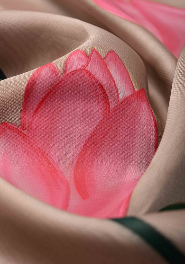 Light Mauve Chiffon Saree with Lotus Hand painted , No Blouse Piece