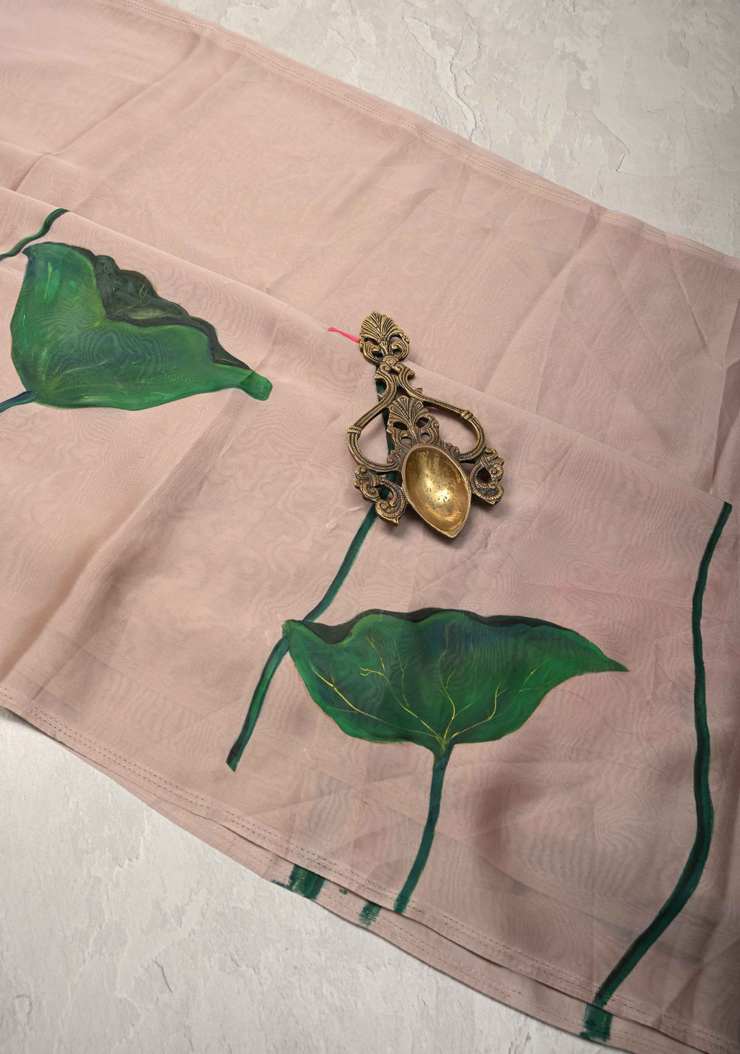 Light Mauve Chiffon Saree with Lotus Hand painted , No Blouse Piece