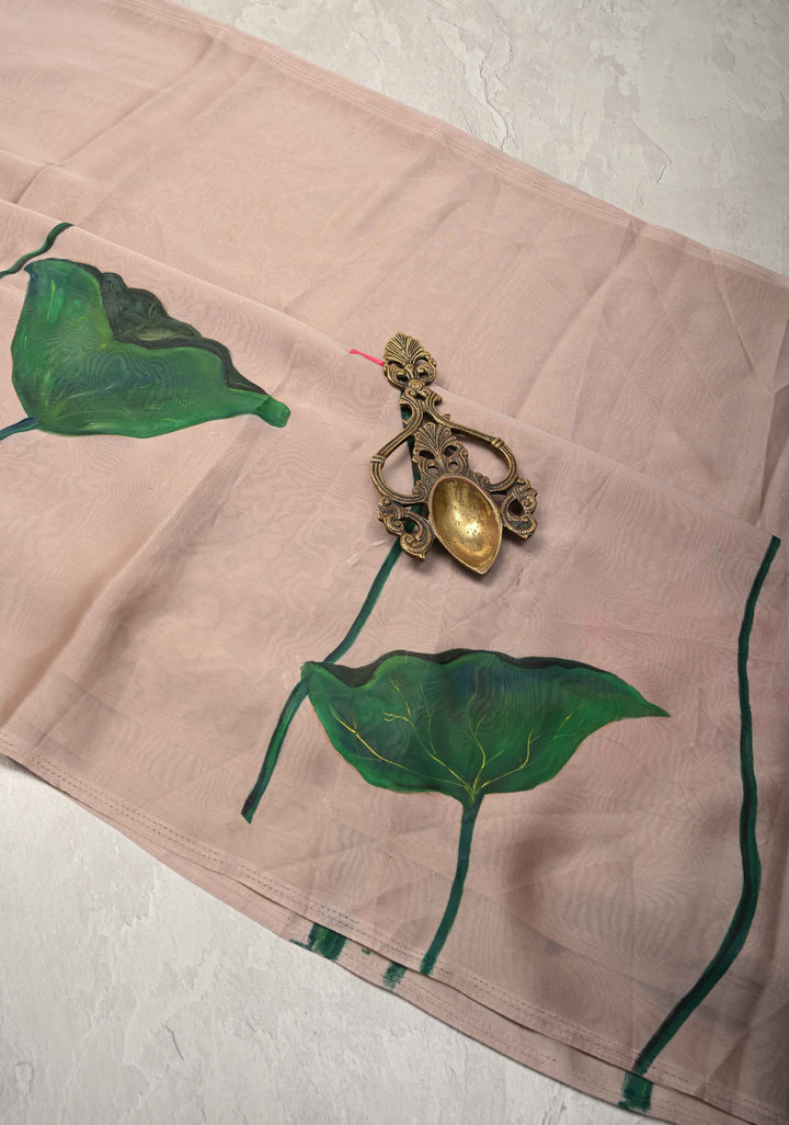 Light Mauve Chiffon Saree with Lotus Hand painted , No Blouse Piece