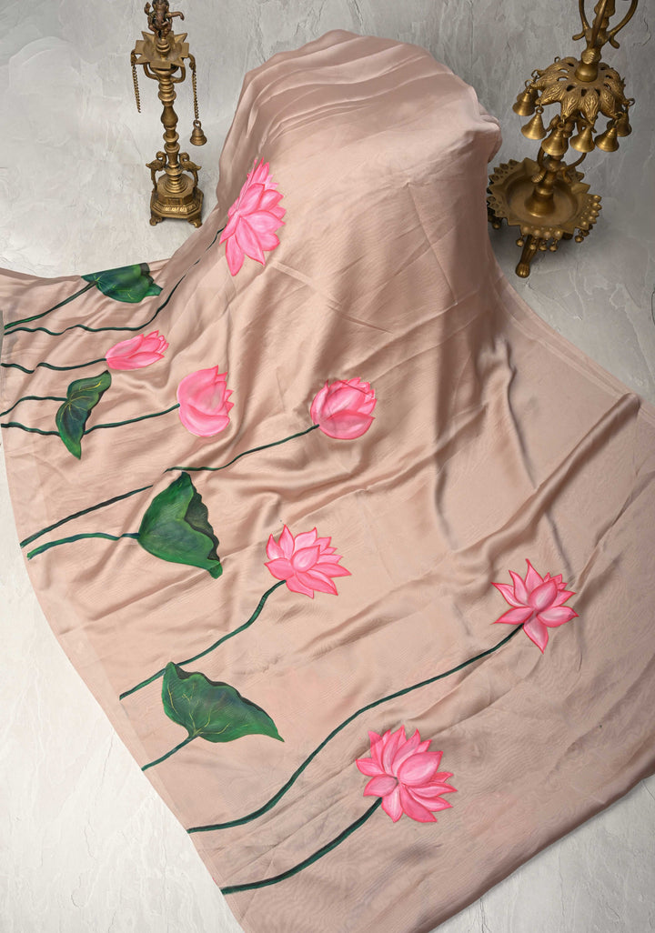 Light Mauve Chiffon Saree with Lotus Hand painted , No Blouse Piece