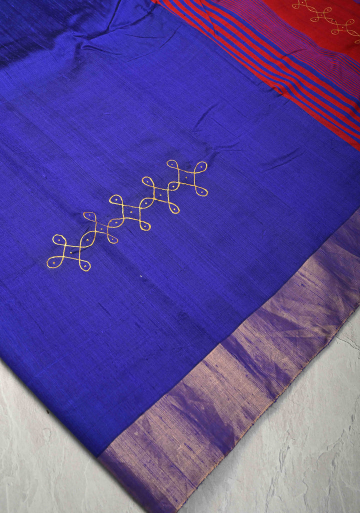 Ink Blue Pure Raw Silk Saree with Rangoli Design and Tissue Zari Border | SILK MARK CERTIFIED