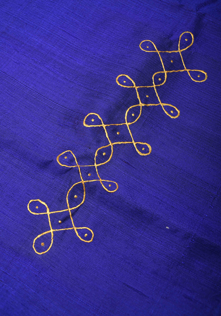 Ink Blue Pure Raw Silk Saree with Rangoli Design and Tissue Zari Border | SILK MARK CERTIFIED