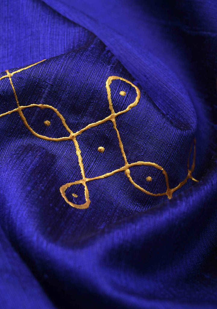 Ink Blue Pure Raw Silk Saree with Rangoli Design and Tissue Zari Border | SILK MARK CERTIFIED