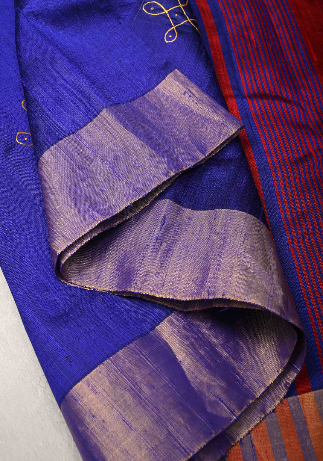 Ink Blue Pure Raw Silk Saree with Rangoli Design and Tissue Zari Border | SILK MARK CERTIFIED