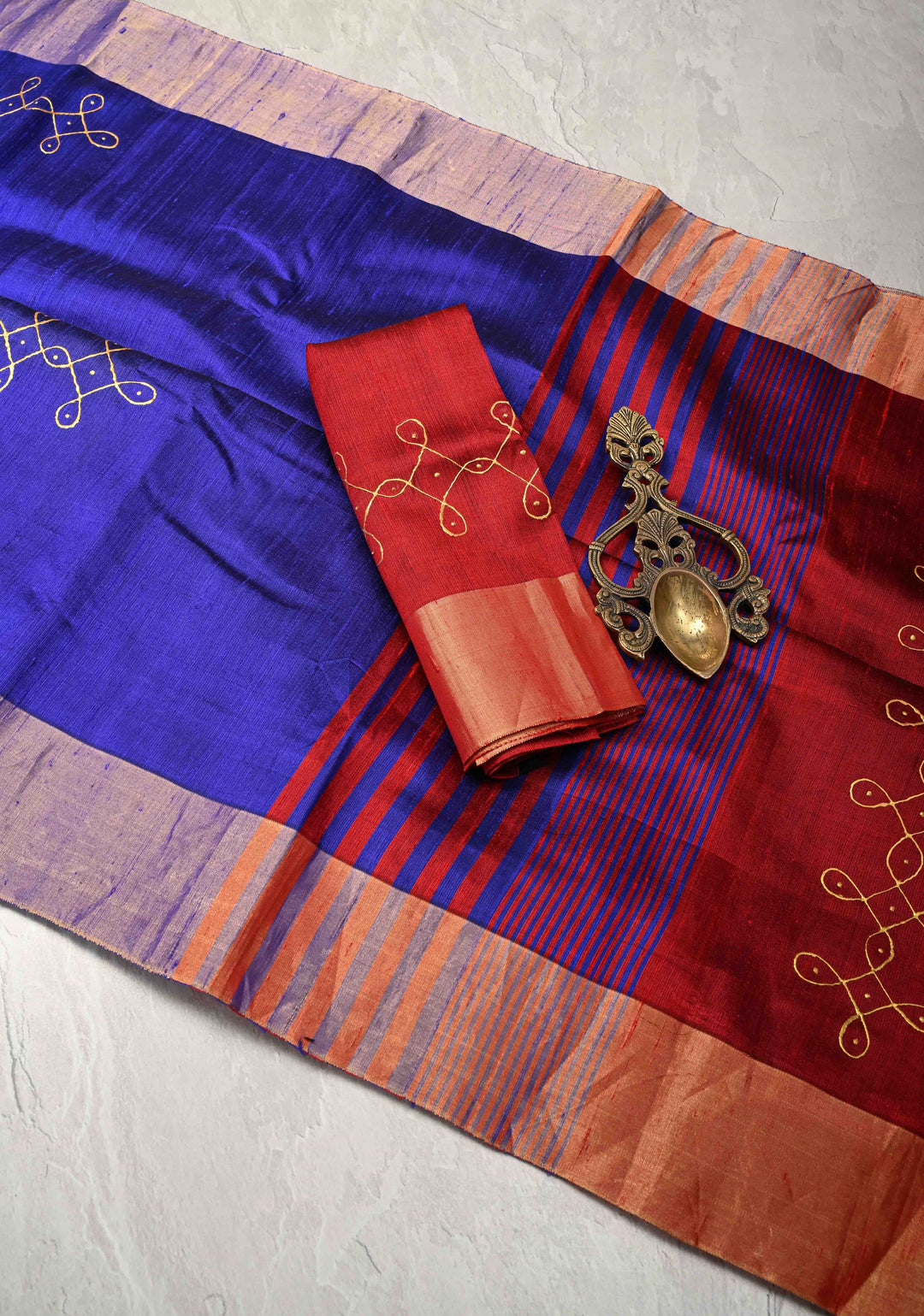 Ink Blue Pure Raw Silk Saree with Rangoli Design and Tissue Zari Border | SILK MARK CERTIFIED