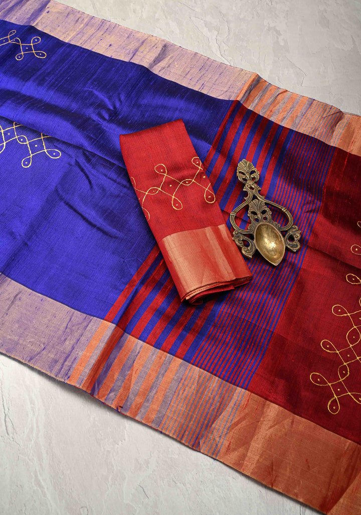 Ink Blue Pure Raw Silk Saree with Rangoli Design and Tissue Zari Border | SILK MARK CERTIFIED