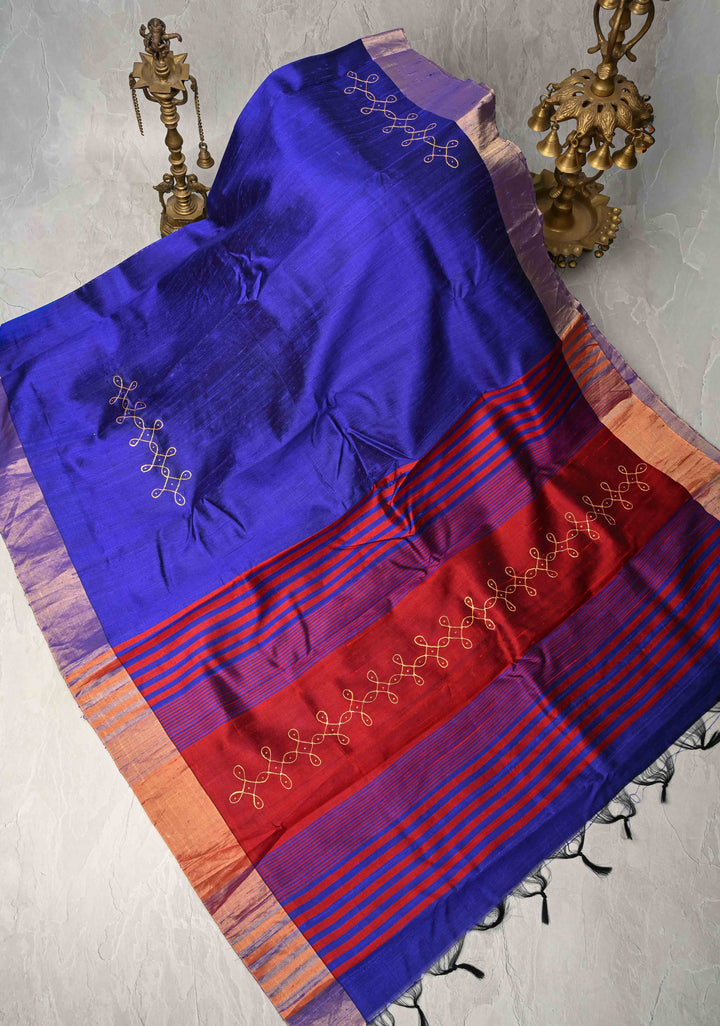 Ink Blue Pure Raw Silk Saree with Rangoli Design and Tissue Zari Border | SILK MARK CERTIFIED
