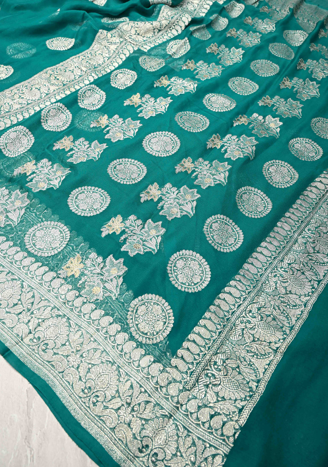 Pure Silk Chiffon Saree in Teal with Silver Zari Mandal Buttas and Border | SILK MARK CERTIFIED