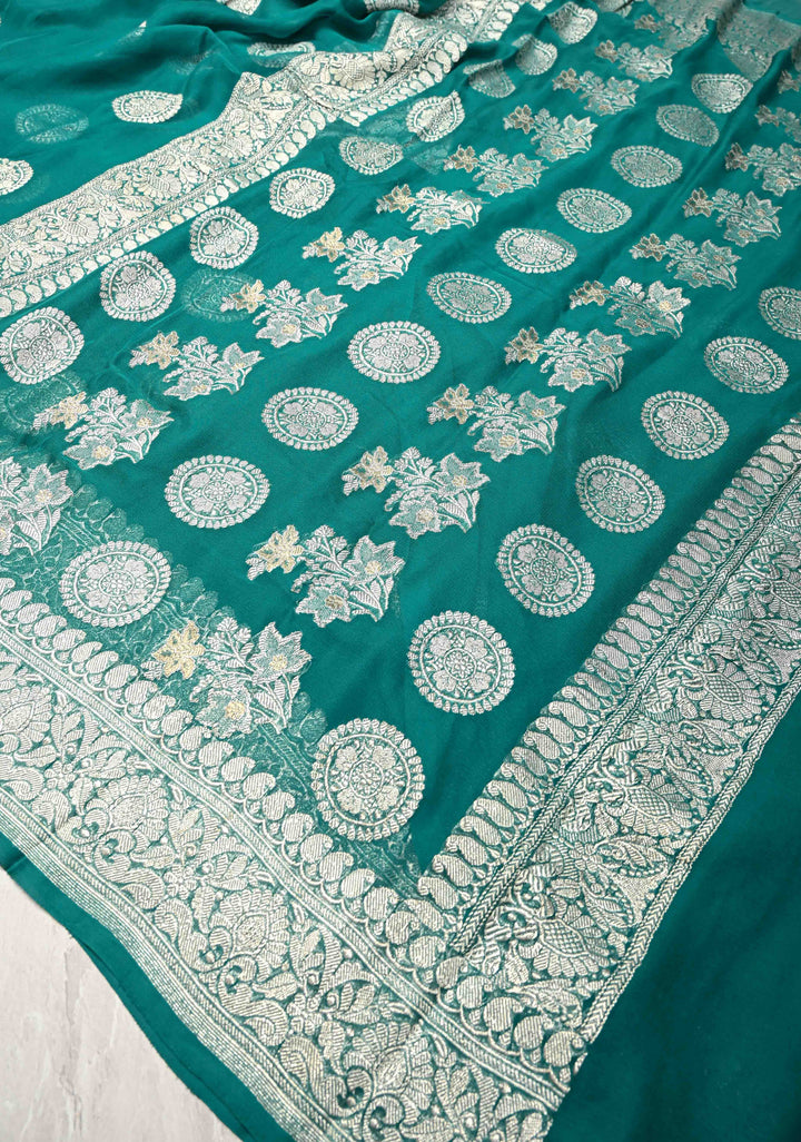 Pure Silk Chiffon Saree in Teal with Silver Zari Mandal Buttas and Border | SILK MARK CERTIFIED