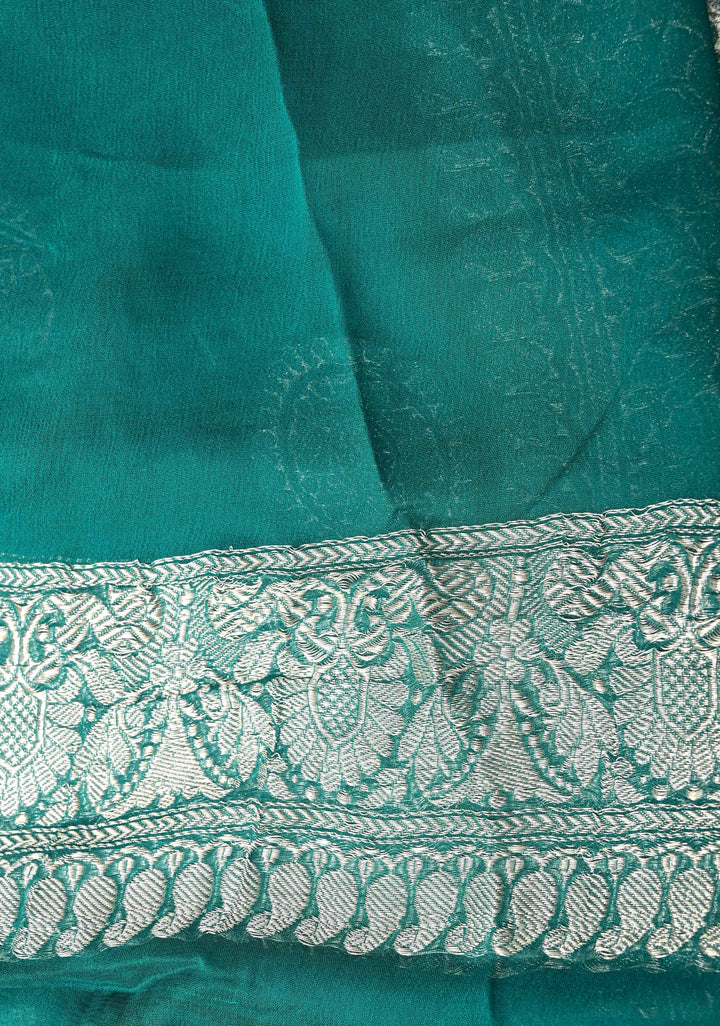 Pure Silk Chiffon Saree in Teal with Silver Zari Mandal Buttas and Border | SILK MARK CERTIFIED