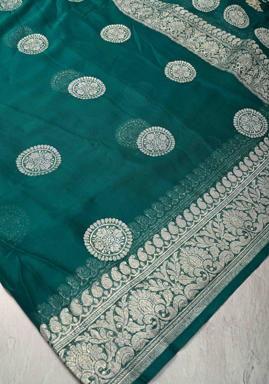 Pure Silk Chiffon Saree in Teal with Silver Zari Mandal Buttas and Border | SILK MARK CERTIFIED