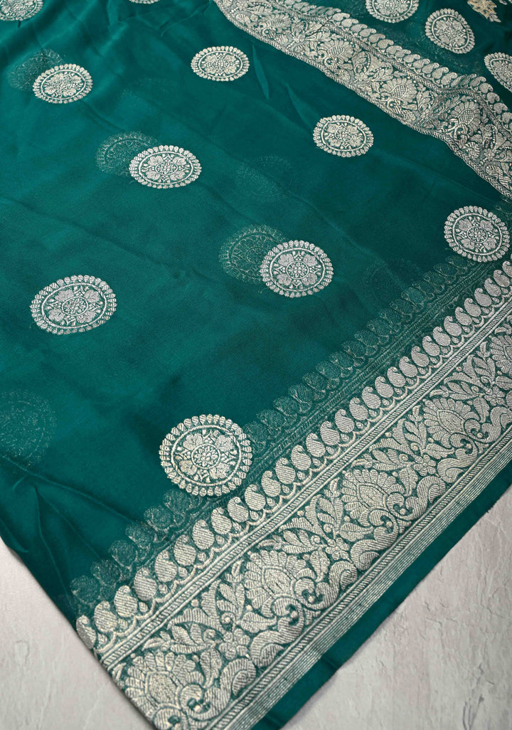 Pure Silk Chiffon Saree in Teal with Silver Zari Mandal Buttas and Border | SILK MARK CERTIFIED