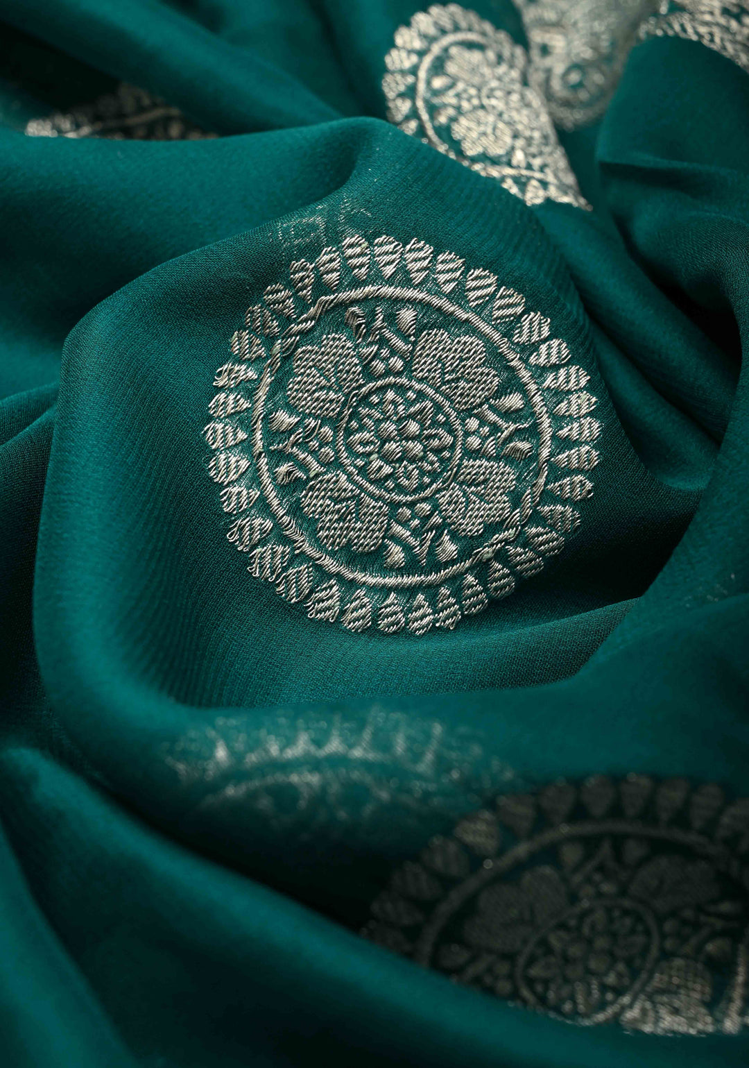Pure Silk Chiffon Saree in Teal with Silver Zari Mandal Buttas and Border | SILK MARK CERTIFIED