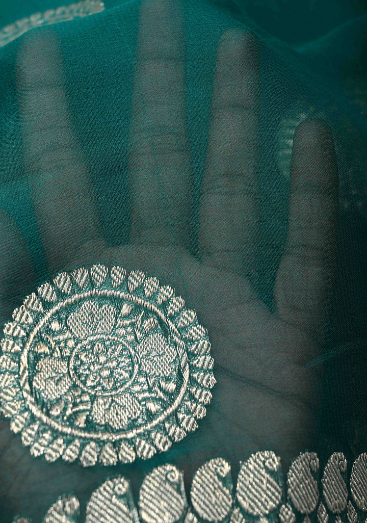 Pure Silk Chiffon Saree in Teal with Silver Zari Mandal Buttas and Border | SILK MARK CERTIFIED
