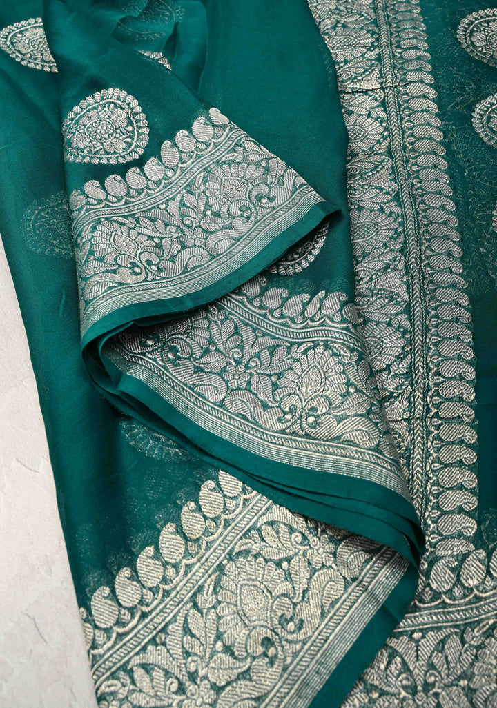 Pure Silk Chiffon Saree in Teal with Silver Zari Mandal Buttas and Border | SILK MARK CERTIFIED