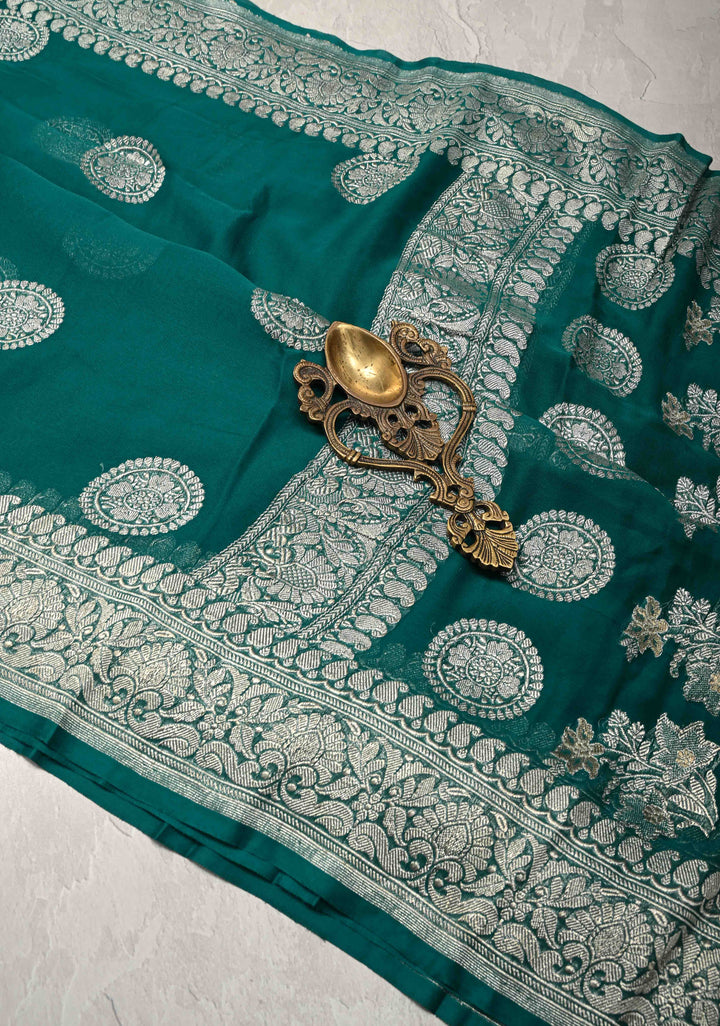Pure Silk Chiffon Saree in Teal with Silver Zari Mandal Buttas and Border | SILK MARK CERTIFIED