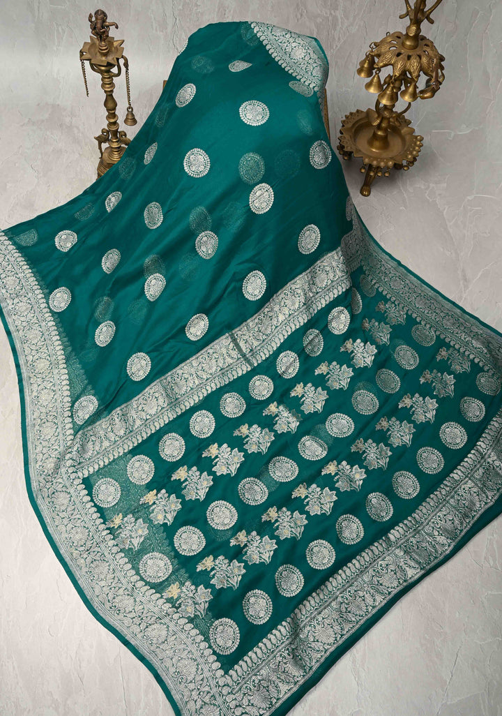 Pure Silk Chiffon Saree in Teal with Silver Zari Mandal Buttas and Border | SILK MARK CERTIFIED