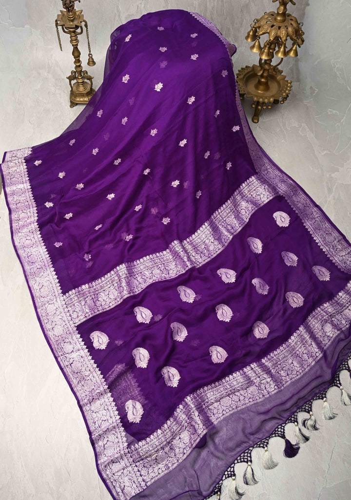 Ink Purple Pure Chiffon Silk Saree with Silver tone Zari Buttas and Border | SILK MARK CERTIFIED