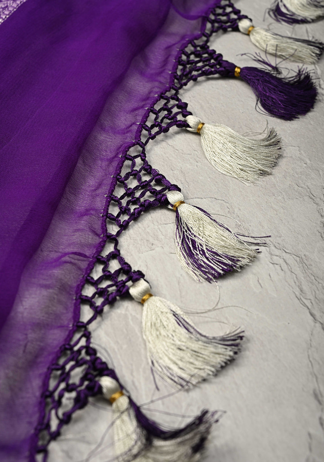 Ink Purple Pure Chiffon Silk Saree with Silver tone Zari Buttas and Border | SILK MARK CERTIFIED