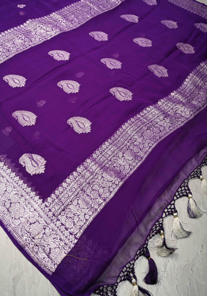Ink Purple Pure Chiffon Silk Saree with Silver tone Zari Buttas and Border | SILK MARK CERTIFIED