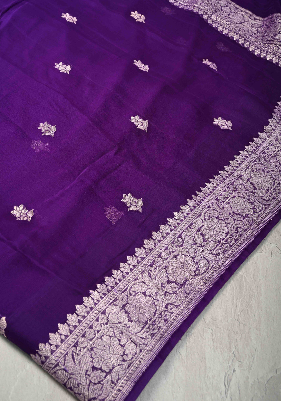 Ink Purple Pure Chiffon Silk Saree with Silver tone Zari Buttas and Border | SILK MARK CERTIFIED