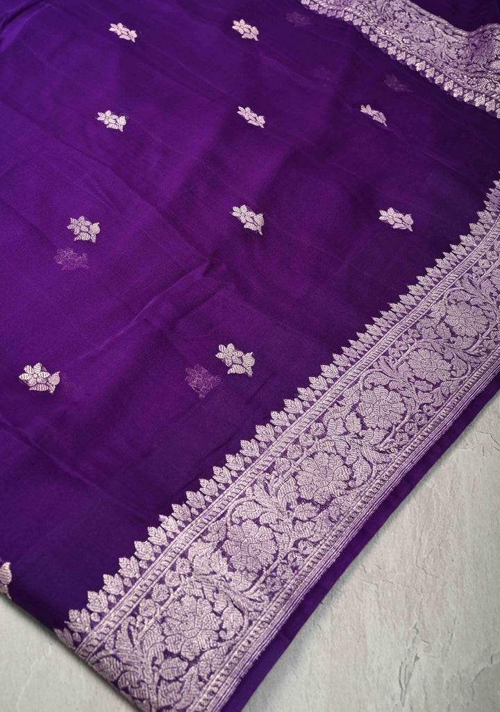 Ink Purple Pure Chiffon Silk Saree with Silver tone Zari Buttas and Border | SILK MARK CERTIFIED