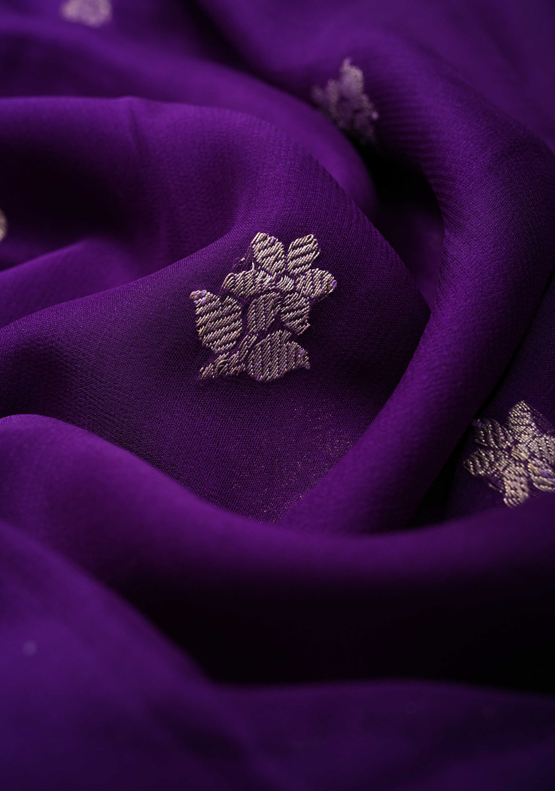 Ink Purple Pure Chiffon Silk Saree with Silver tone Zari Buttas and Border | SILK MARK CERTIFIED