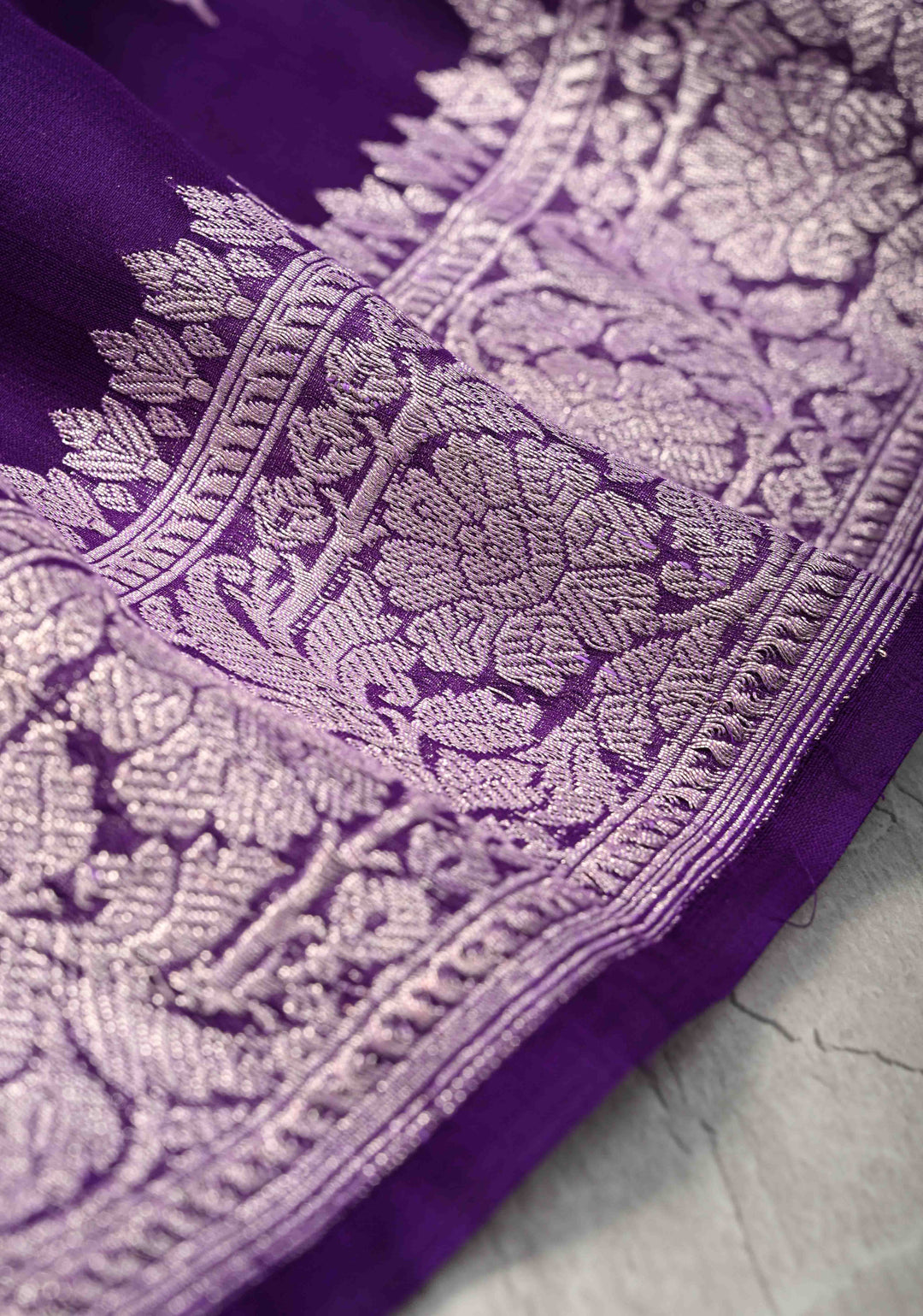 Ink Purple Pure Chiffon Silk Saree with Silver tone Zari Buttas and Border | SILK MARK CERTIFIED
