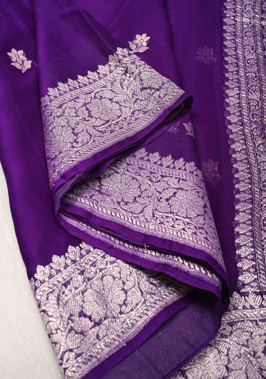 Ink Purple Pure Chiffon Silk Saree with Silver tone Zari Buttas and Border | SILK MARK CERTIFIED