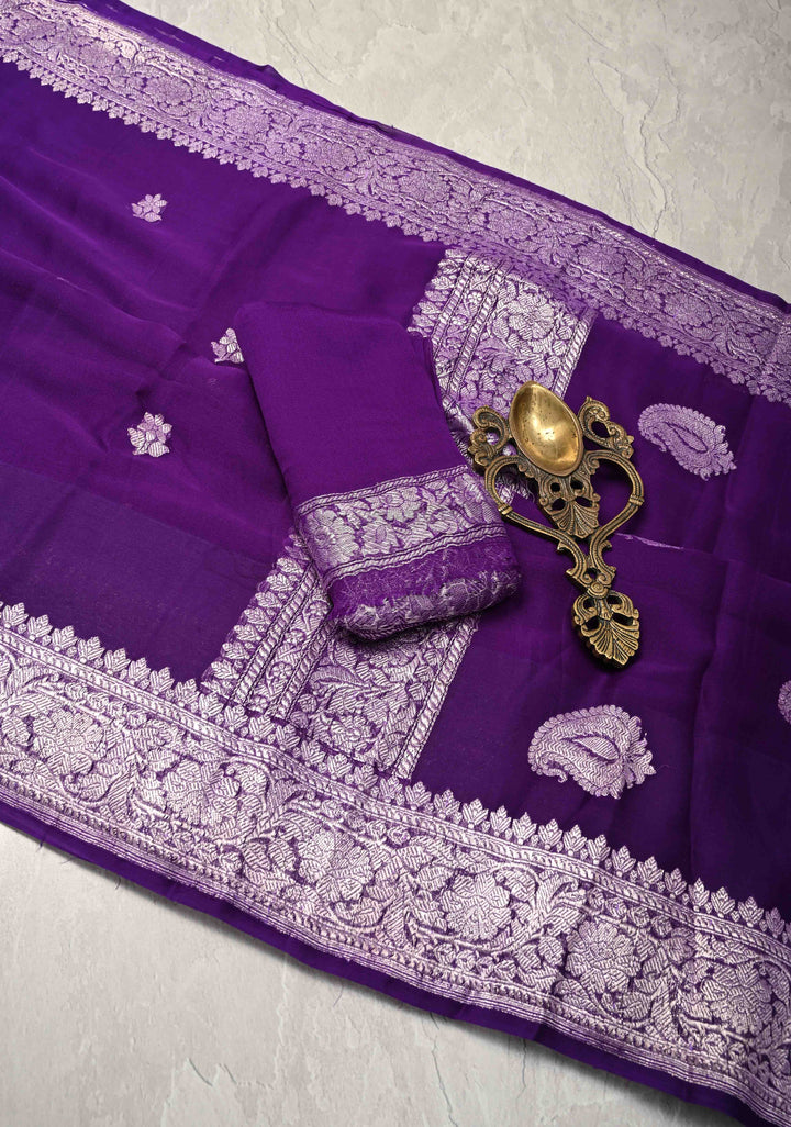 Ink Purple Pure Chiffon Silk Saree with Silver tone Zari Buttas and Border | SILK MARK CERTIFIED