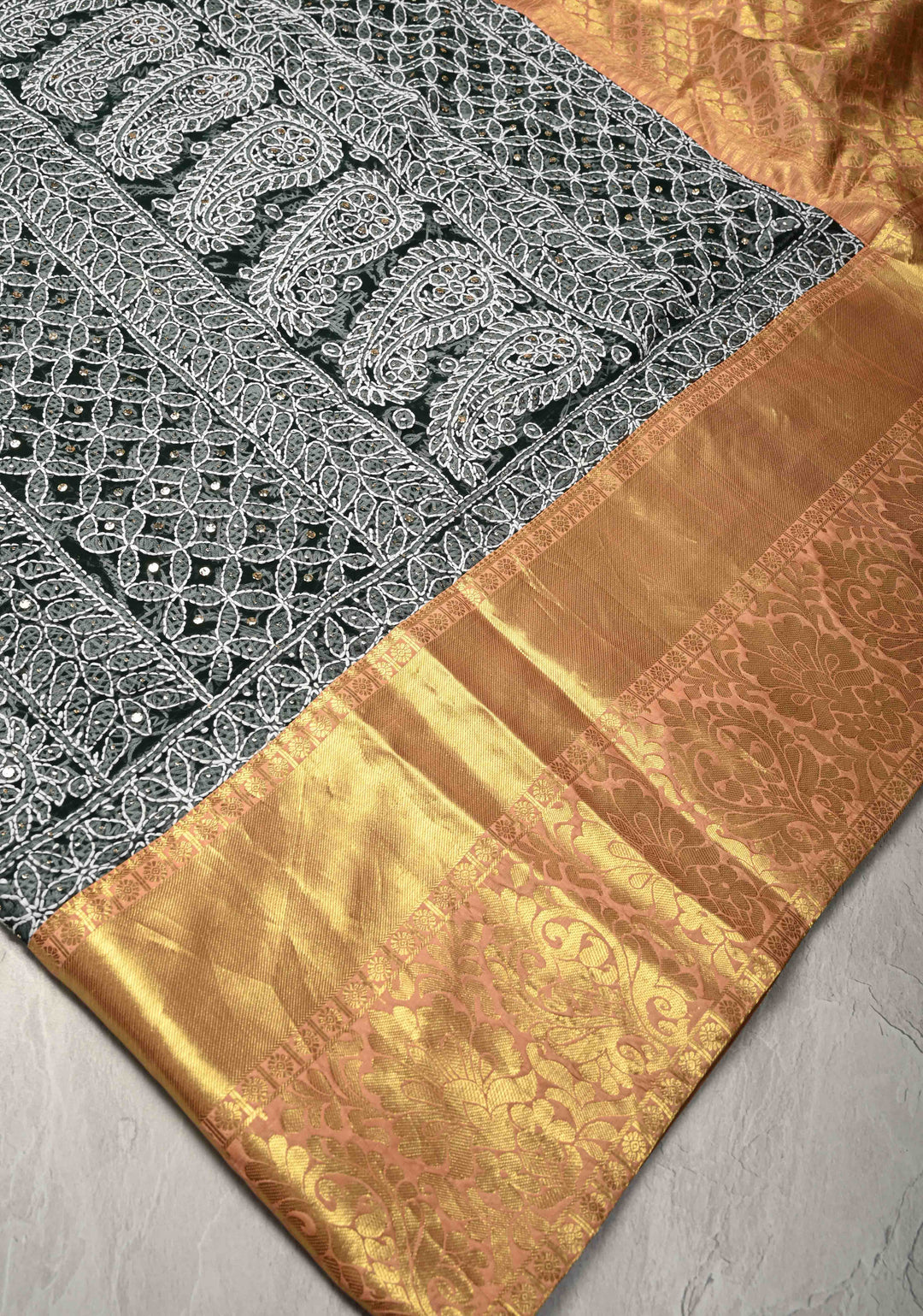 Dark Green Fusion Saree with Full Jaal Hand Chikankari, Mukeish work with Pure Silk Kanjivaram Zari Borders and Grand Pallu