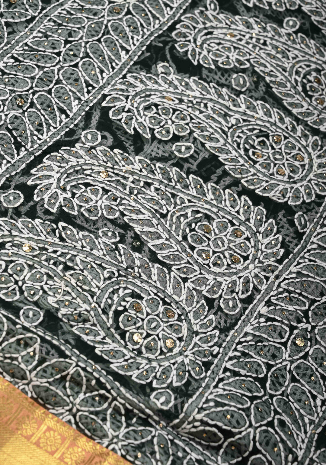Dark Green Fusion Saree with Full Jaal Hand Chikankari, Mukeish work with Pure Silk Kanjivaram Zari Borders and Grand Pallu