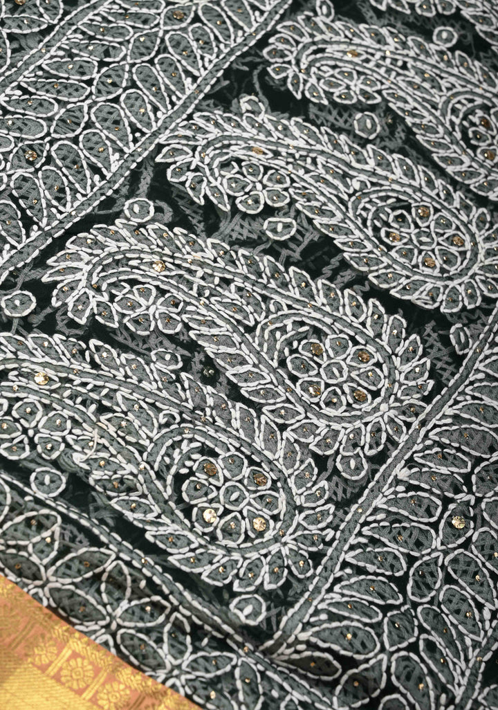 Dark Green Fusion Saree with Full Jaal Hand Chikankari, Mukeish work with Pure Silk Kanjivaram Zari Borders and Grand Pallu