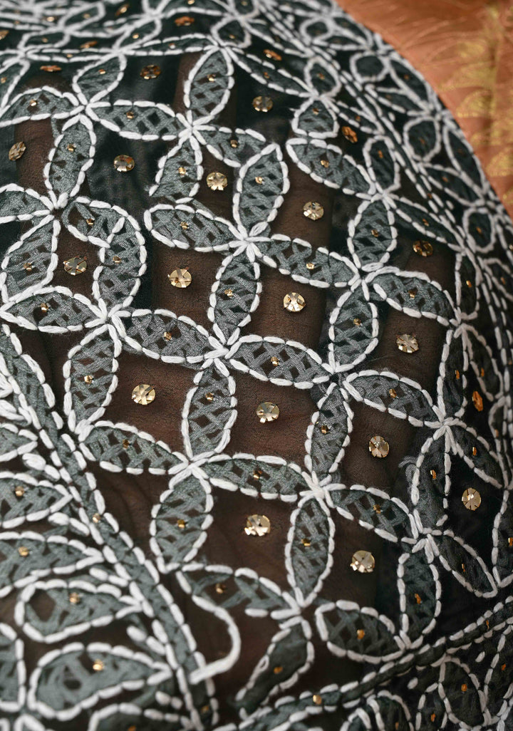 Dark Green Fusion Saree with Full Jaal Hand Chikankari, Mukeish work with Pure Silk Kanjivaram Zari Borders and Grand Pallu