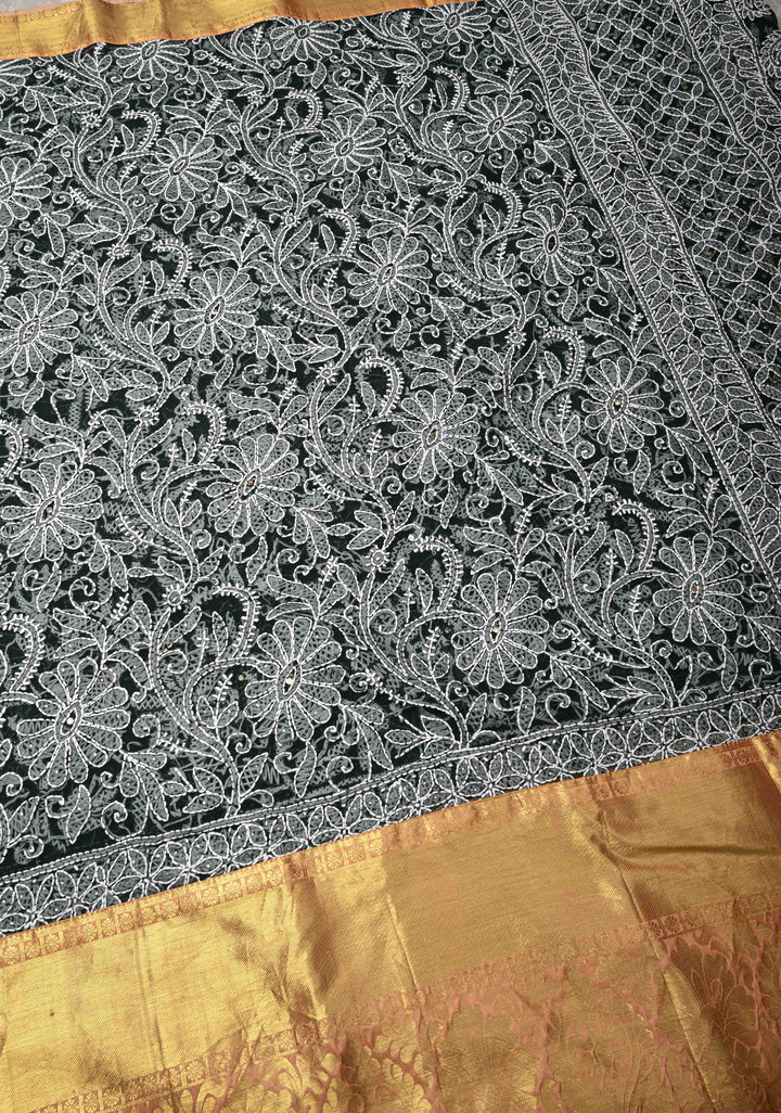 Dark Green Fusion Saree with Full Jaal Hand Chikankari, Mukeish work with Pure Silk Kanjivaram Zari Borders and Grand Pallu