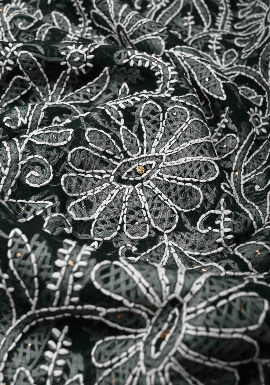Dark Green Fusion Saree with Full Jaal Hand Chikankari, Mukeish work with Pure Silk Kanjivaram Zari Borders and Grand Pallu