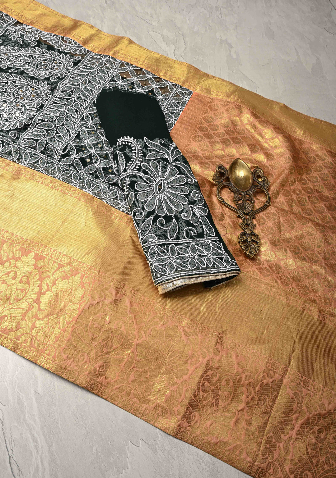 Dark Green Fusion Saree with Full Jaal Hand Chikankari, Mukeish work with Pure Silk Kanjivaram Zari Borders and Grand Pallu