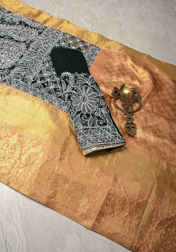 Dark Green Fusion Saree with Full Jaal Hand Chikankari, Mukeish work with Pure Silk Kanjivaram Zari Borders and Grand Pallu