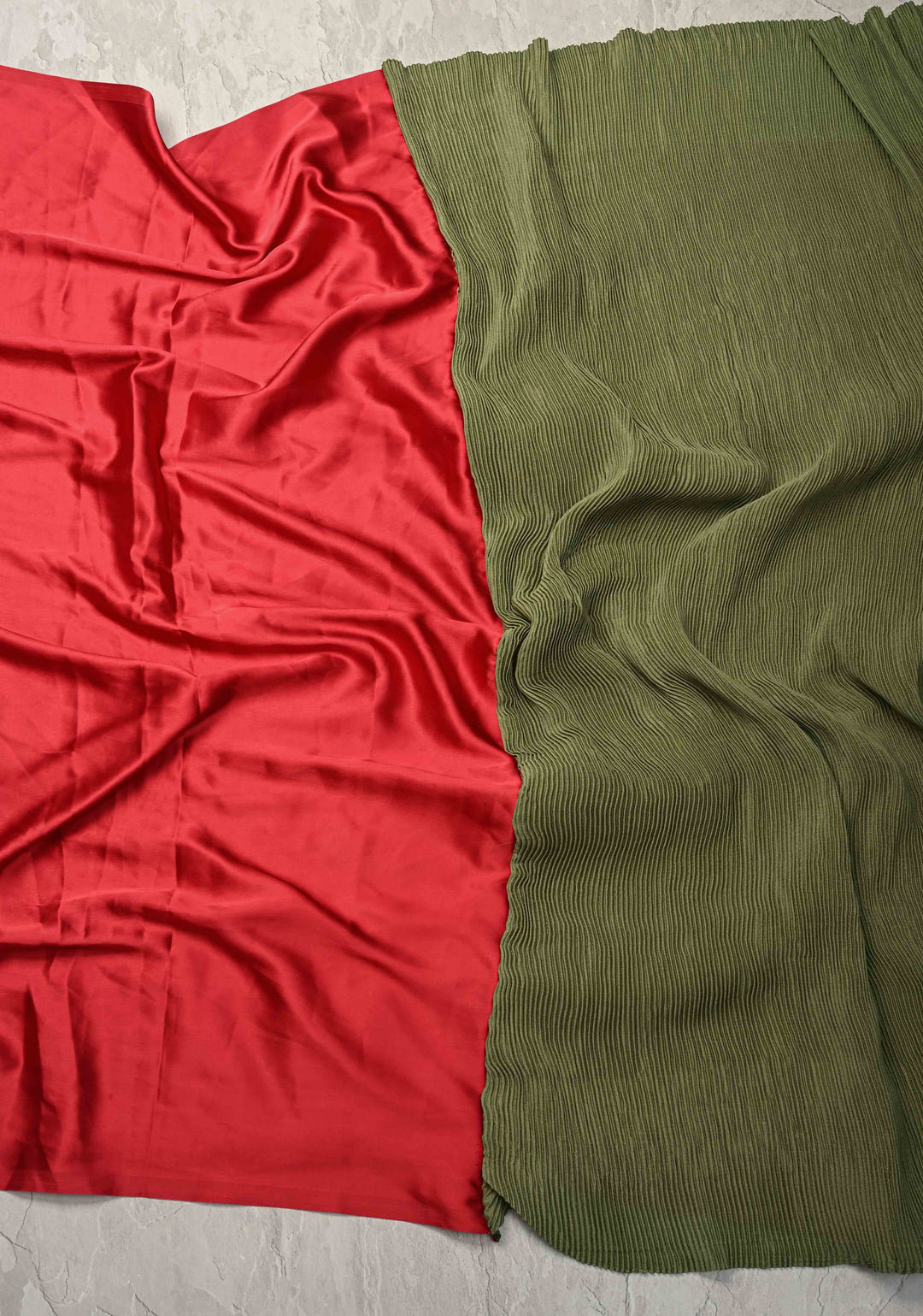 Pleated Satin saree in Sage Green and Maroon, No Blouse Piece | SHOBITAM