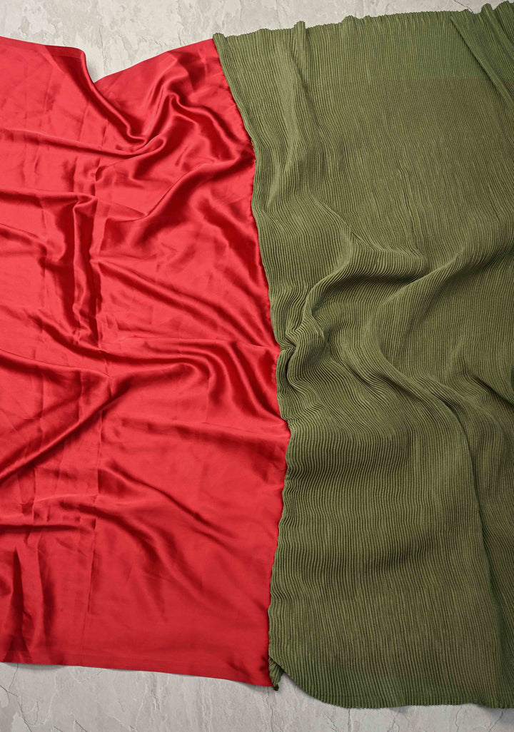 Pleated Satin saree in Sage Green and Maroon, No Blouse Piece | SHOBITAM